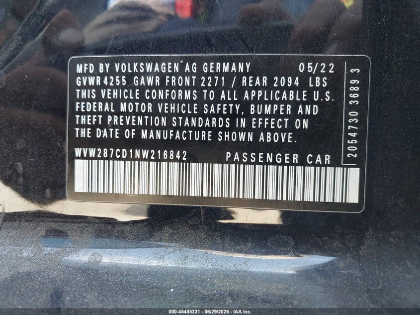 2022 Volkswagen Golf gti VIN WVW287CD1NW216842 IAAI salvage auction — FRONT END, Salvage Title, sold $25 on 2026-07-29 (photo 9)