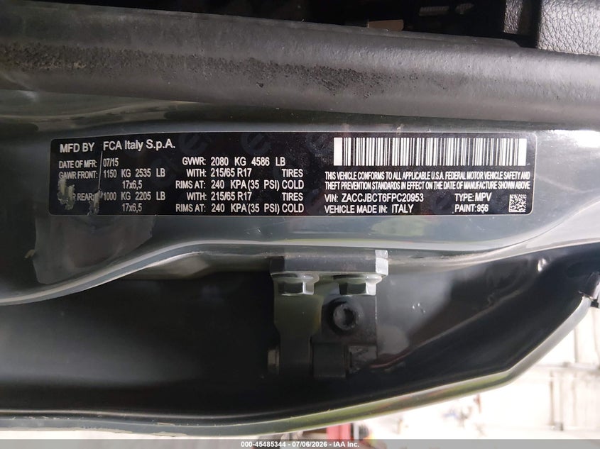 2015 Jeep Renegade VIN ZACCJBCT6FPC20953 IAAI salvage auction — NORMAL WEAR, Original (Alaska), sold $400 on 2026-08-07 (photo 9)