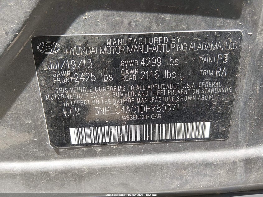 2013 Hyundai Sonata VIN 5NPEC4AC1DH780371 IAAI salvage auction — NORMAL WEAR, Original (Texas), sold $950 on 2026-07-15 (photo 9)
