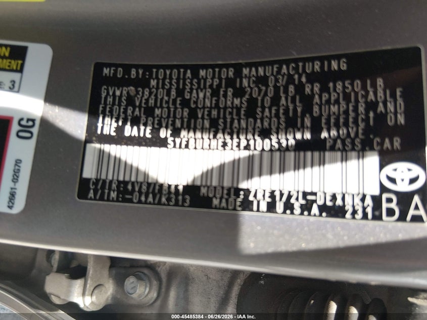 2014 Toyota Corolla VIN 5YFBURHE3EP100530 IAAI salvage auction — REAR END, Salvage (South Carolina), sold $1,550 on 2026-08-02 (photo 9)