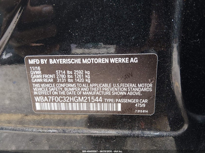 2017 BMW 7er VIN WBA7F0C32HGM21544 IAAI salvage auction — TRANSMISSION, Clear (Colorado), sold $2,825 on 2026-07-28 (photo 9)