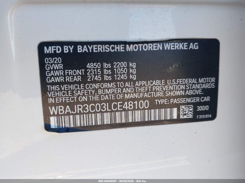 2020 BMW 5er VIN WBAJR3C03LCE48100 IAAI salvage auction — FRONT END, Salvage (California), sold $11,000 on 2026-07-29 (photo 9)