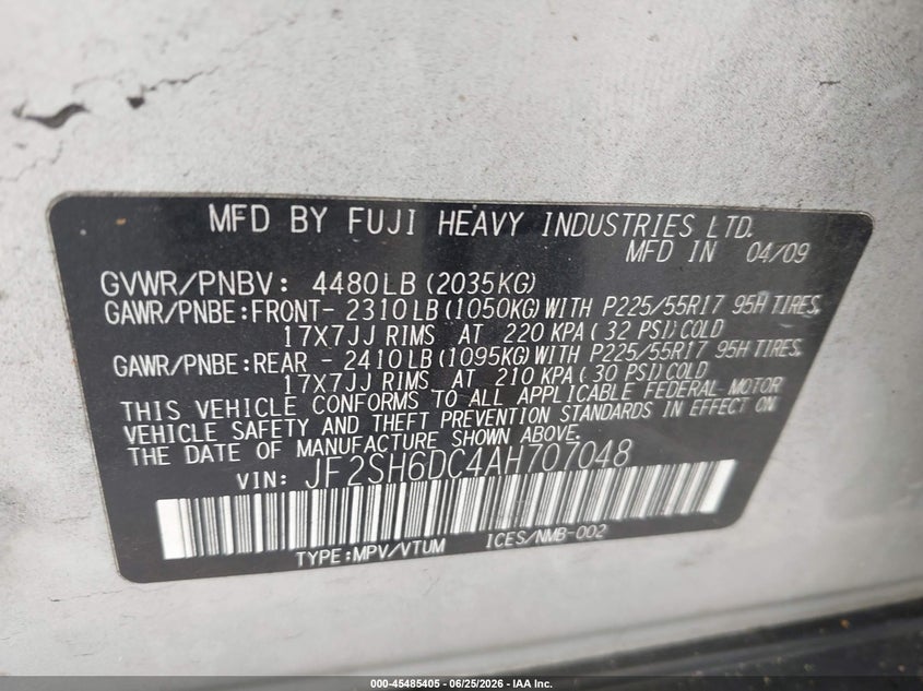 2010 Subaru Forester VIN JF2SH6DC4AH707048 IAAI salvage auction — FRONT END, Clear - Dealer Only (California), sold $400 on 2026-07-29 (photo 9)