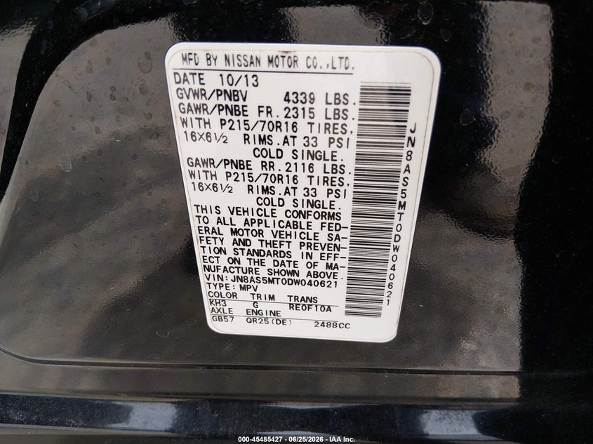 2013 Nissan Rogue sport VIN JN8AS5MT0DW040621 IAAI salvage auction — NORMAL WEAR, Original (Texas), sold $650 on 2026-07-15 (photo 9)