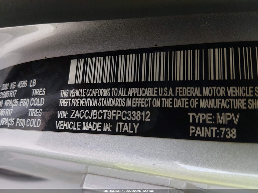 2015 Jeep Renegade VIN ZACCJBCT9FPC33812 IAAI salvage auction — FRONT END, Salvage (Texas), sold $1,850 on 2026-08-07 (photo 9)