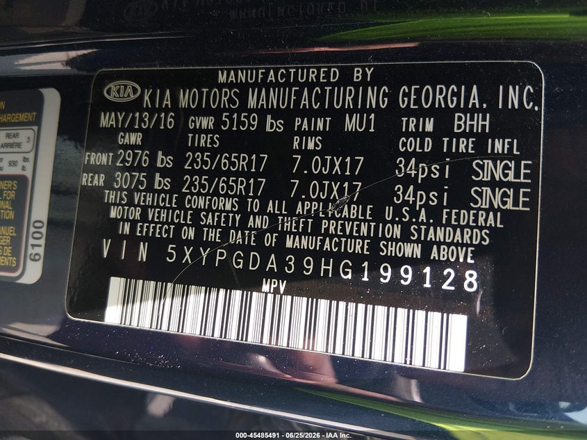 2017 Kia Sorento VIN 5XYPGDA39HG199128 IAAI salvage auction — RIGHT REAR, Salvage (North Carolina), sold $1,800 on 2026-07-29 (photo 9)