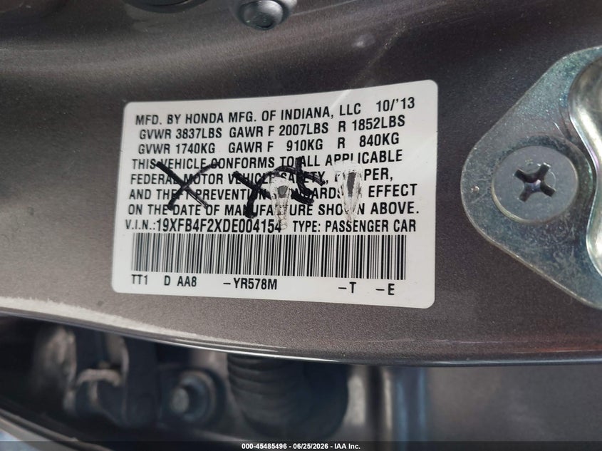 2013 Honda Civic VIN 19XFB4F2XDE004154 IAAI salvage auction — FRONT END, Salvage (California), sold $1,200 on 2026-07-09 (photo 9)