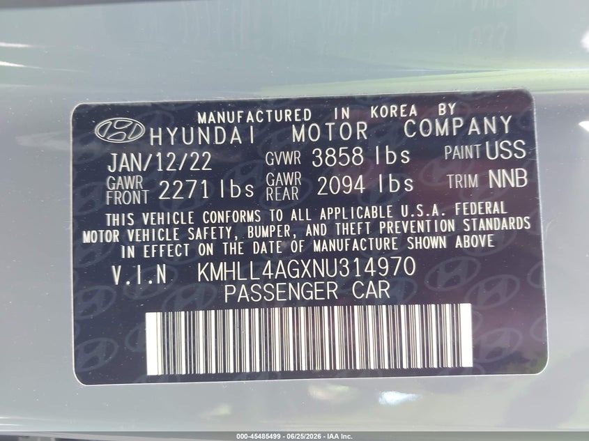 2022 Hyundai Elantra VIN KMHLL4AGXNU314970 IAAI salvage auction — REAR END, Salvage (California), sold $6,400 on 2026-07-08 (photo 9)