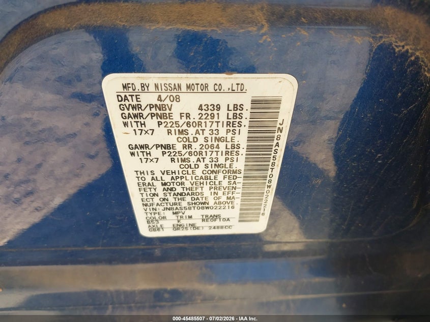 2008 Nissan Rogue VIN JN8AS58T08W022216 IAAI salvage auction — NORMAL WEAR, Original (Texas), sold $725 on 2026-07-16 (photo 9)
