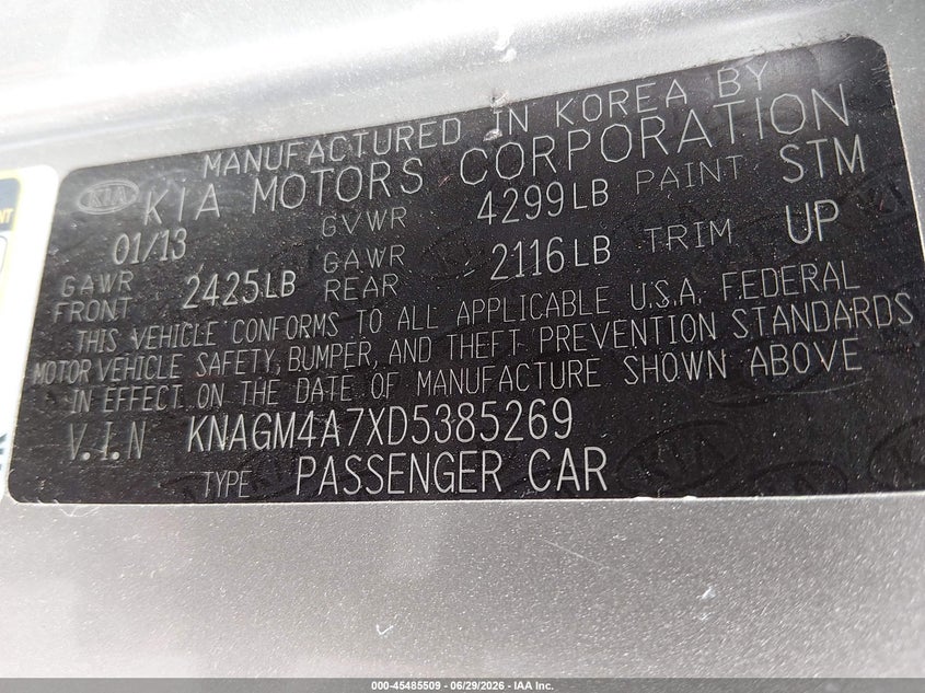 2013 Kia Optima VIN KNAGM4A7XD5385269 IAAI salvage auction — HAIL, Salvage (Kansas), sold $2,250 on 2026-07-31 (photo 9)