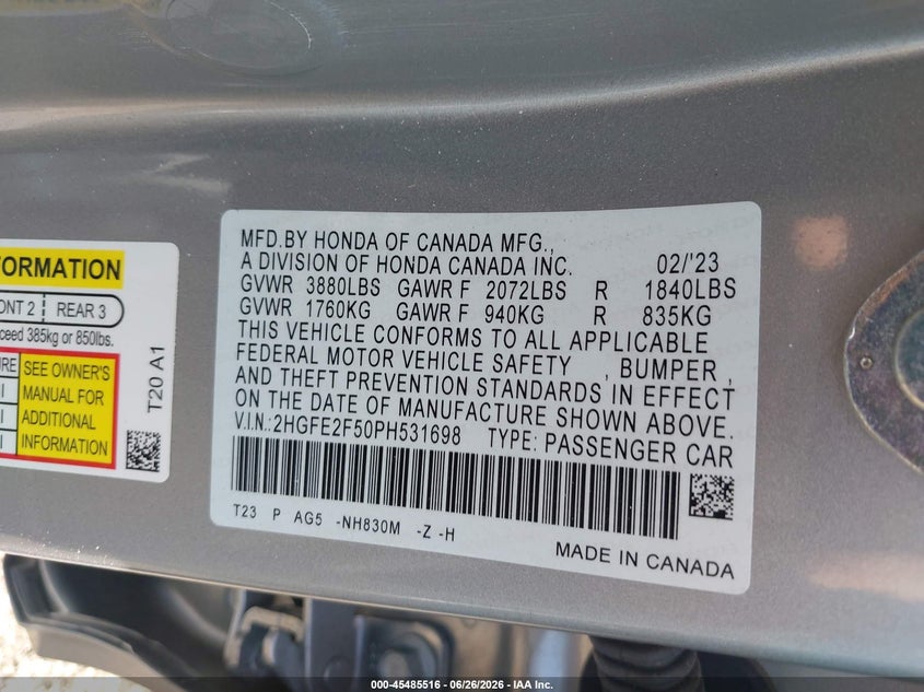 2023 Honda Civic VIN 2HGFE2F50PH531698 IAAI salvage auction — FRONT END, Salvage Title, sold $6,200 on 2026-08-08 (photo 9)