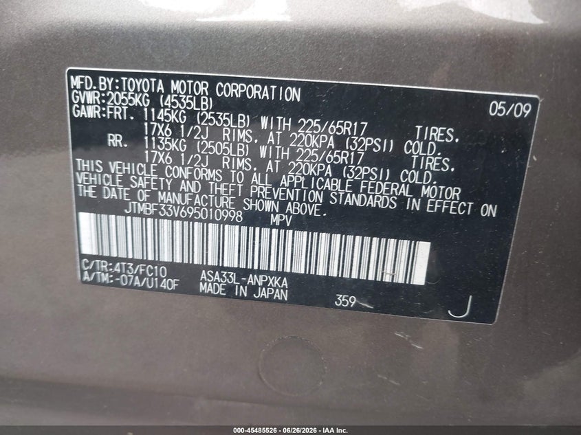 2009 Toyota Rav4 VIN JTMBF33V695010998 IAAI salvage auction — REAR END, Clear (Massachusetts), sold $2,800 on 2026-07-17 (photo 9)