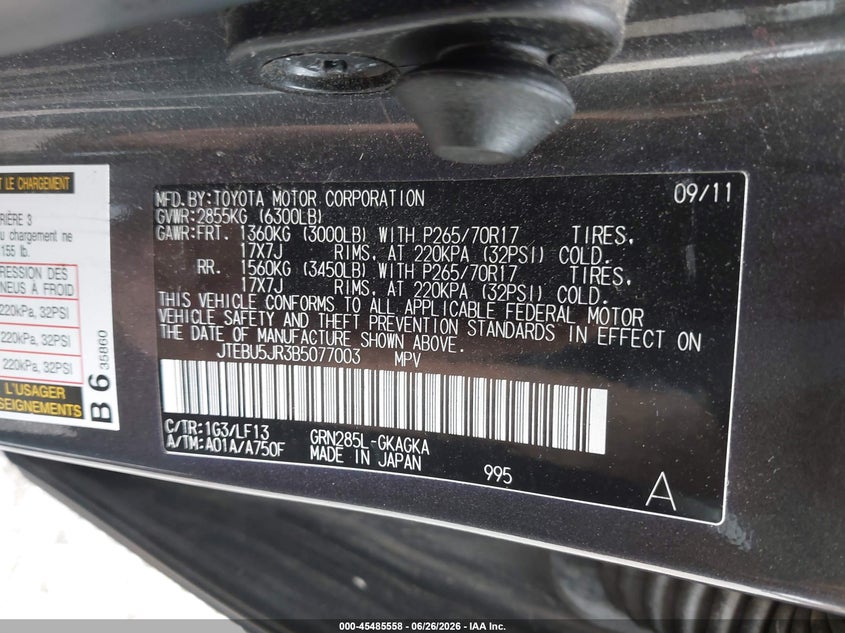 2011 Toyota 4runner VIN JTEBU5JR3B5077003 IAAI salvage auction — NORMAL WEAR, Clear (Pennsylvania), sold $7,100 on 2026-07-07 (photo 9)