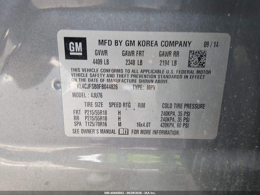 2015 Buick Encore VIN KL4CJFSB0FB044826 IAAI salvage auction — REAR END, Salvage Title, sold $25 on 2026-07-30 (photo 9)