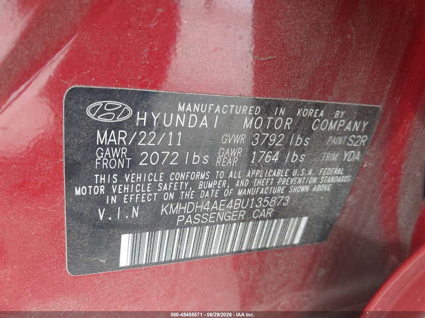2011 Hyundai Elantra VIN KMHDH4AE4BU135873 IAAI salvage auction — LEFT SIDE, Salvage (California), sold $1,050 on 2026-07-15 (photo 9)
