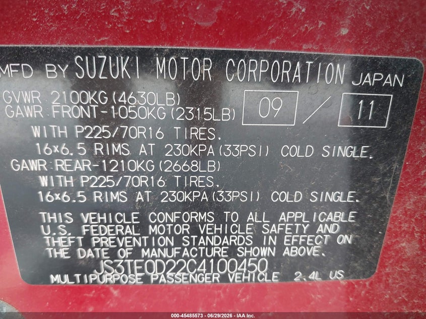 2012 Suzuki Grand vitara VIN JS3TE0D22C4100450 IAAI salvage auction — NORMAL WEAR, Clear (Kansas), sold $375 on 2026-07-24 (photo 9)