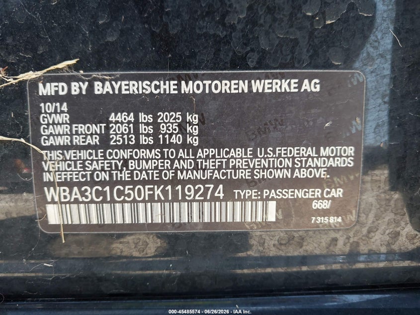 2015 BMW 3er VIN WBA3C1C50FK119274 IAAI salvage auction — FRONT & REAR, Salvage Title, sold $825 on 2026-07-29 (photo 9)