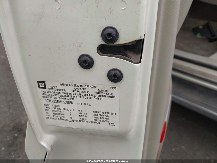 2003 Cadillac Escalade VIN 1GYEC63T83R135050 IAAI salvage auction — VANDALISM, Salvage Certificate (California), sold $875 on 2026-07-24 (photo 9)