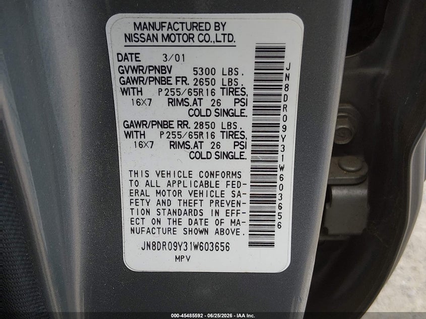 2001 Nissan Pathfinder VIN JN8DR09Y31W603656 IAAI salvage auction — NORMAL WEAR, Affidavit In Lieu Of Title (Washington), sold $825 on 2026-07-08 (photo 9)