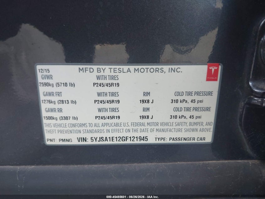 2016 Tesla Model s VIN 5YJSA1E12GF121945 IAAI salvage auction — FRONT END, Salvage (Arizona), sold $3,650 on 2026-07-28 (photo 9)