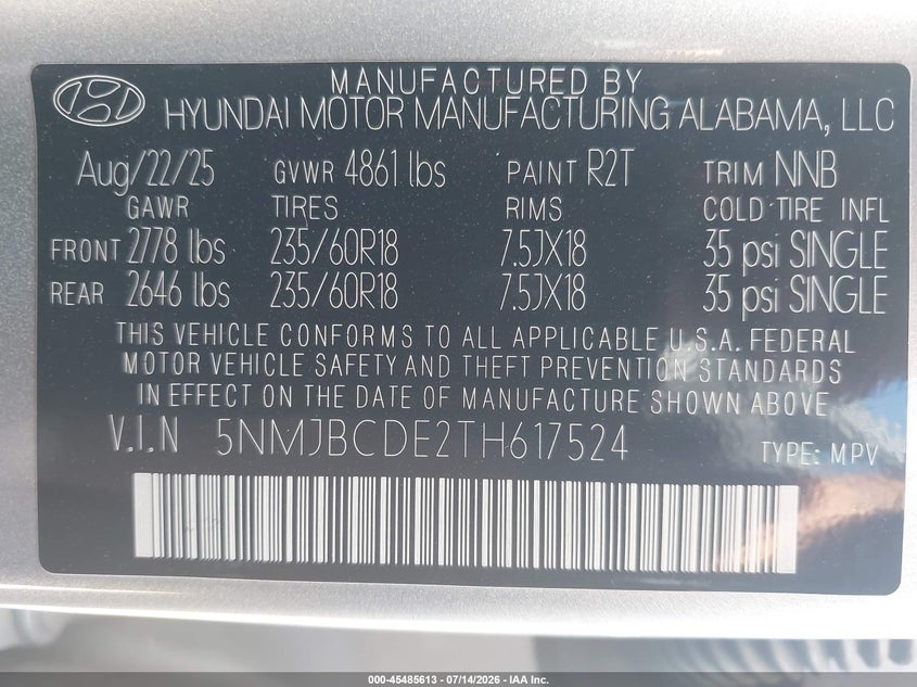 2026 Hyundai Tucson VIN 5NMJBCDE2TH617524 IAAI salvage auction — MECHANICAL, Clear (Virginia), sold $16,800 on 2026-07-29 (photo 9)