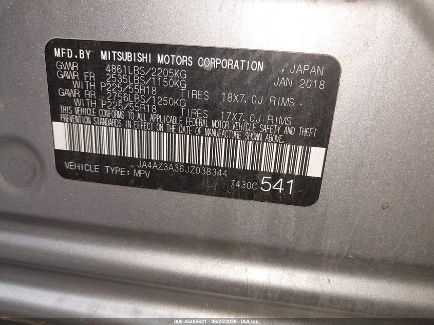 2018 Mitsubishi Outlander VIN JA4AZ3A36JZ038344 IAAI salvage auction — NORMAL WEAR, Clear - Public Restricted (Oklahoma), sold $1,600 on 2026-07-07 (photo 9)