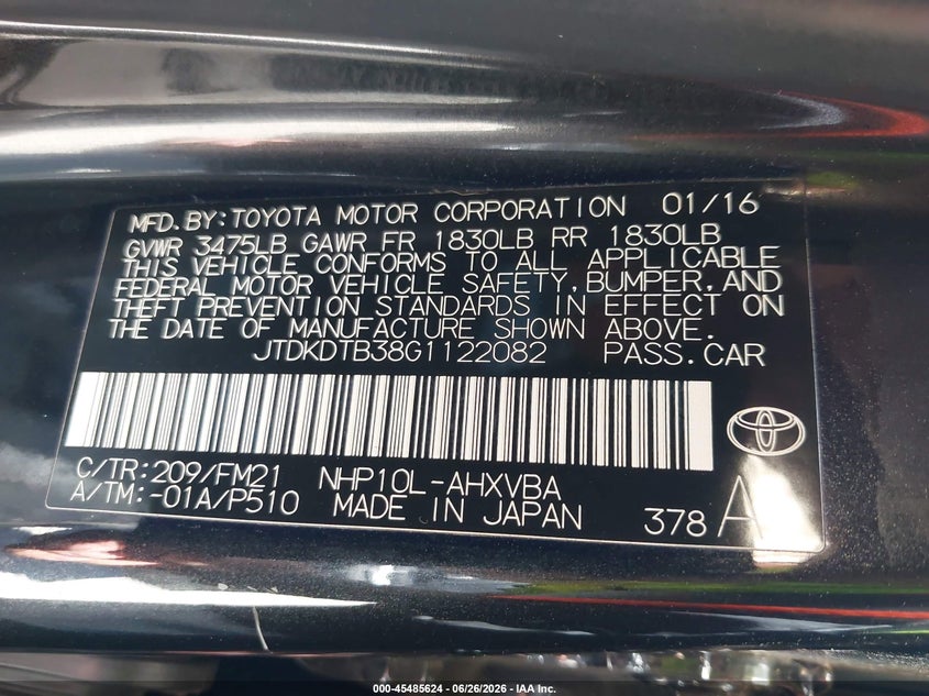 2016 Toyota Prius c VIN JTDKDTB38G1122082 IAAI salvage auction — SIDE, Salvage Title, sold $3,225 on 2026-07-16 (photo 9)