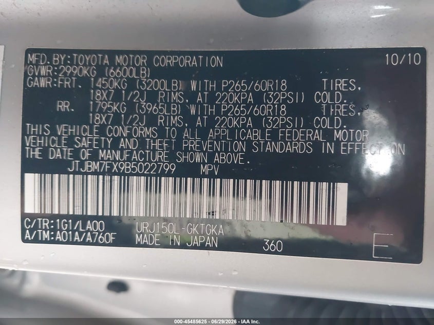 2011 Lexus Gx 460 VIN JTJBM7FX9B5022799 IAAI salvage auction — NORMAL WEAR, Clear (Washington), sold $5,700 on 2026-07-22 (photo 9)