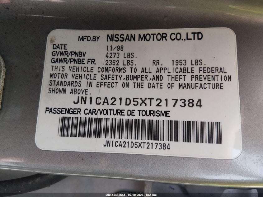 1999 Nissan Maxima VIN JN1CA21D5XT217384 IAAI salvage auction — NORMAL WEAR, Clear (Louisiana), sold $325 on 2026-07-29 (photo 9)