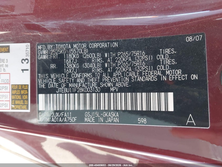 2008 Toyota Fj cruiser VIN JTEBU11F28K003130 IAAI salvage auction — FRONT END, Salvage (Colorado), sold $4,250 on 2026-08-07 (photo 9)