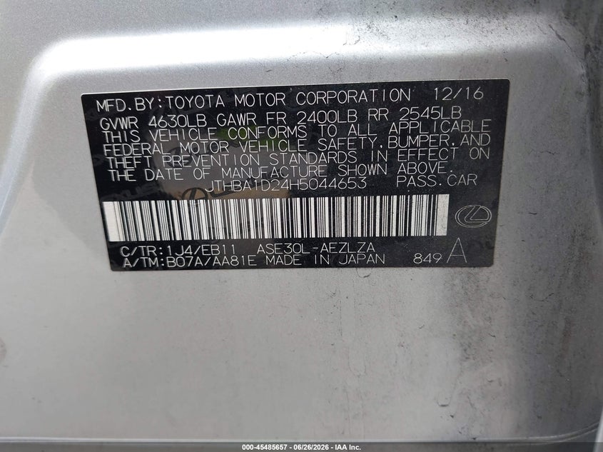 2017 Lexus Is VIN JTHBA1D24H5044653 IAAI salvage auction — FRONT END, Rebuildable (Florida), sold $1,400 on 2026-07-27 (photo 9)