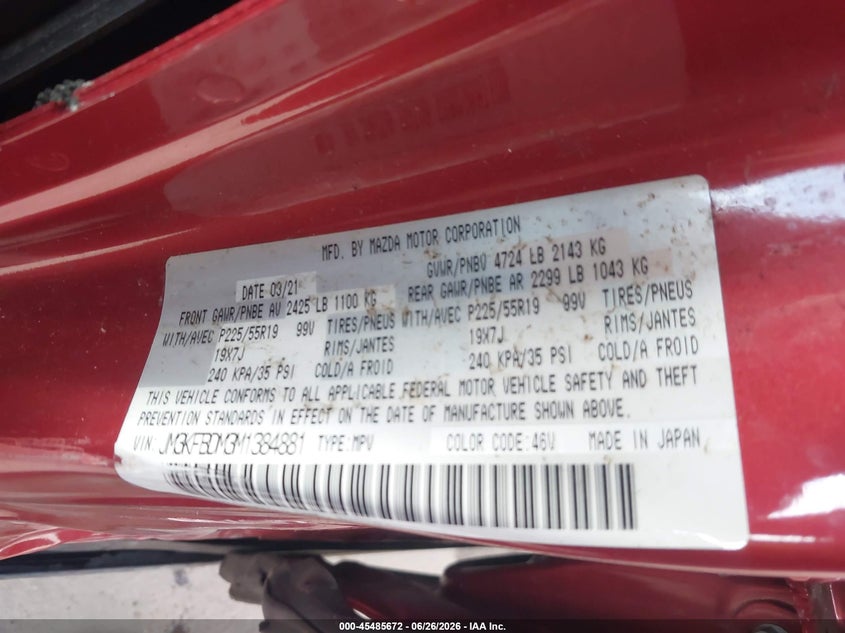 2021 Mazda Cx-5 VIN JM3KFBDM3M1384881 IAAI salvage auction — SIDE, Salvage (California), sold $7,450 on 2026-07-28 (photo 9)