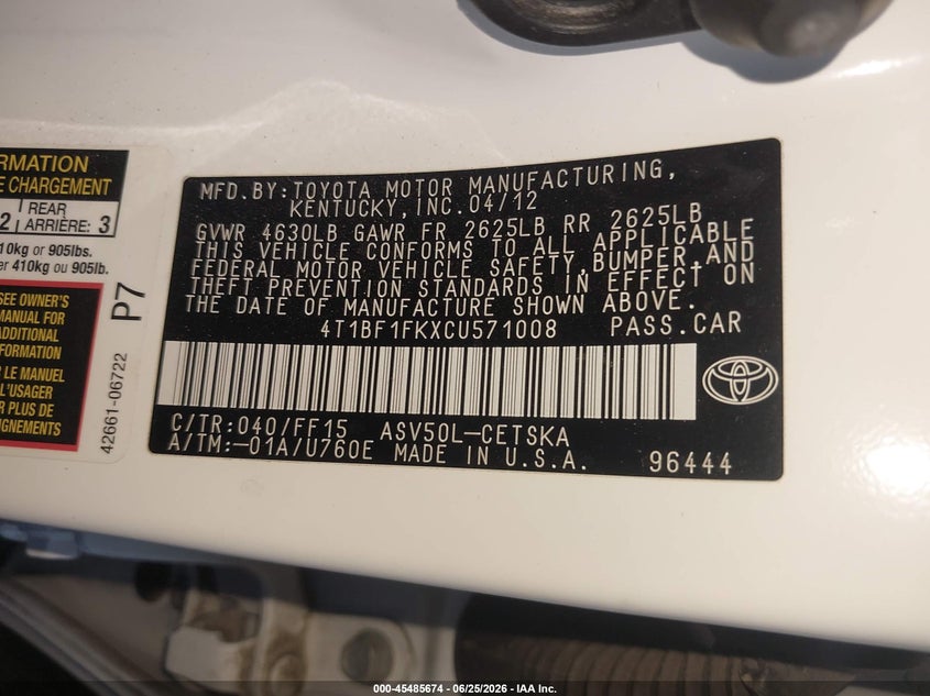 2012 Toyota Camry VIN 4T1BF1FKXCU571008 IAAI salvage auction — SIDE, Salvage (Arizona), sold $1,950 on 2026-07-11 (photo 9)