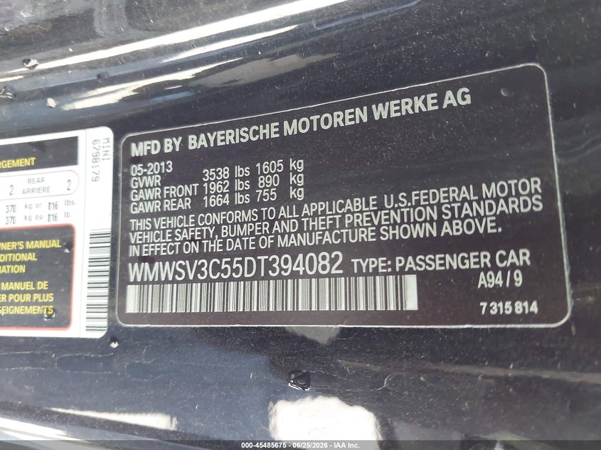 2013 Mini Hard top VIN WMWSV3C55DT394082 IAAI salvage auction — FRONT END, Salvage (California), sold $575 on 2026-08-05 (photo 9)