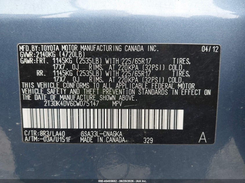 2012 Toyota Rav 4 VIN 2T3DK4DV6CW075147 IAAI salvage auction — REAR END, Bill Of Sale (Washington), sold $1,550 on 2026-07-09 (photo 9)