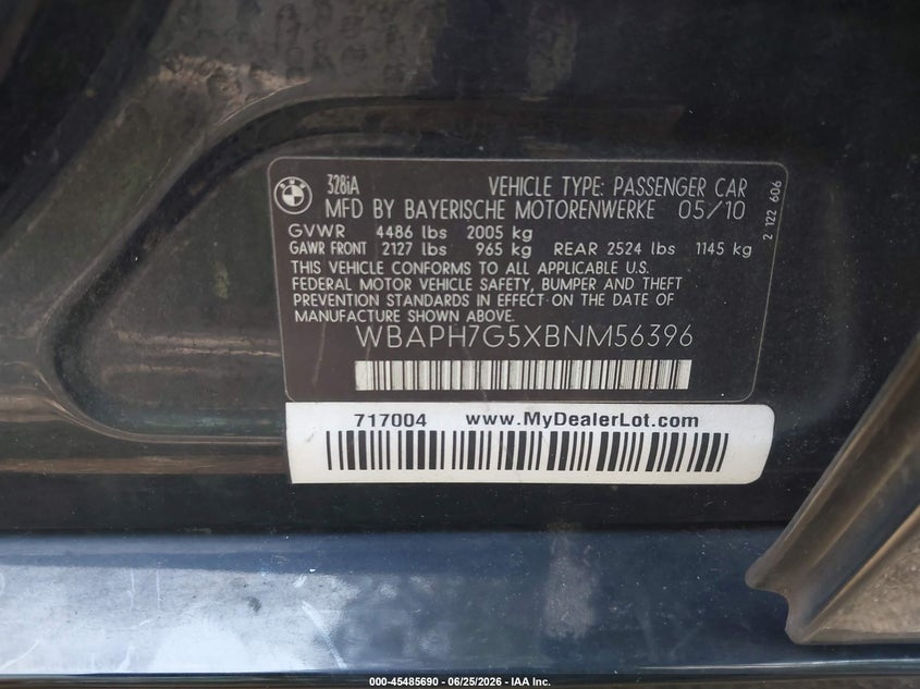 2011 BMW 3 series VIN WBAPH7G5XBNM56396 IAAI salvage auction — FRONT END, Clear (Virginia), sold $300 on 2026-07-28 (photo 9)