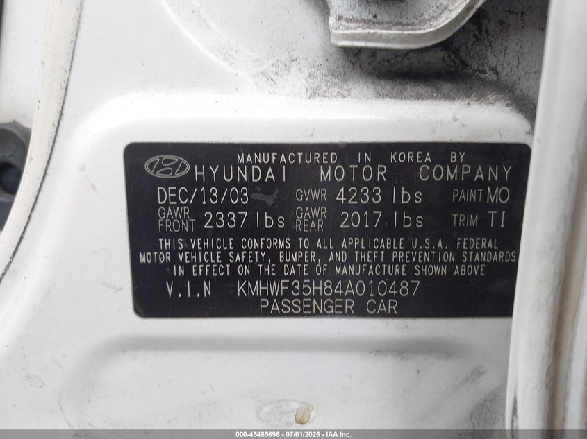 2004 Hyundai Sonata VIN KMHWF35H84A010487 IAAI salvage auction — LEFT FRONT, Salvage (California), sold $425 on 2026-07-16 (photo 9)