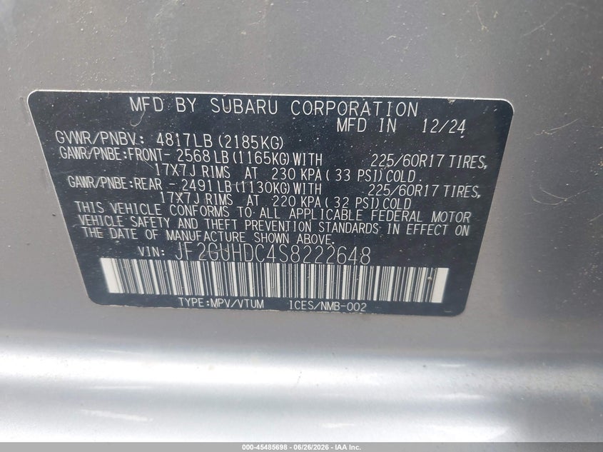 2025 Subaru Xv VIN JF2GUHDC4S8222648 IAAI salvage auction — FRONT END, Bill Of Sale (Washington), sold $6,300 on 2026-07-21 (photo 9)