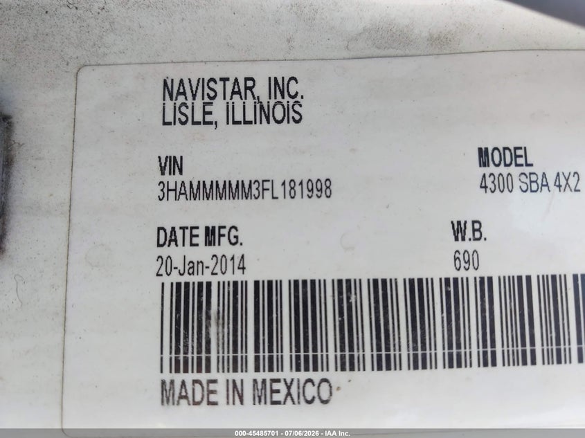 2015 International 4000 series VIN 3HAMMMMM3FL181998 IAAI salvage auction — REPOSSESSION, Clear (North Carolina), sold $575 on 2026-07-08 (photo 8)