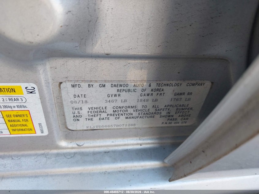 2007 Chevrolet Aveo VIN KL1TD56657B071288 IAAI salvage auction — UNKNOWN, Salvage (Pennsylvania), sold $325 on 2026-07-10 (photo 9)