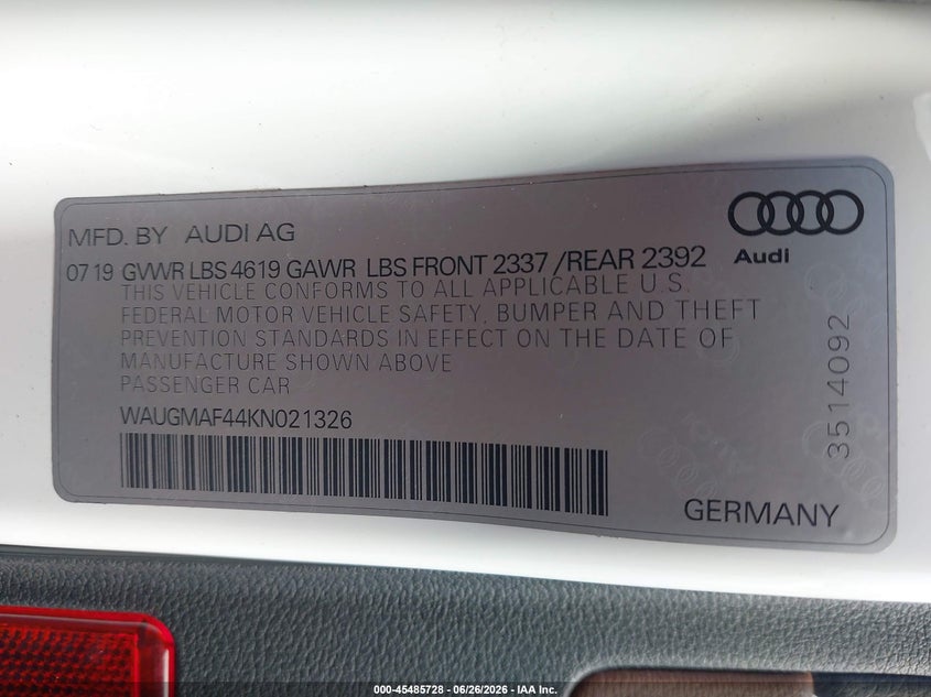2019 Audi A4 VIN WAUGMAF44KN021326 IAAI salvage auction — SIDE, Rebuildable (Florida), sold $2,825 on 2026-07-30 (photo 9)