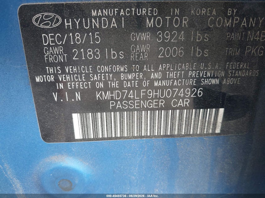 2017 Hyundai Elantra VIN KMHD74LF9HU074926 IAAI salvage auction — NORMAL WEAR, Clear (North Carolina), sold $1,250 on 2026-07-31 (photo 9)