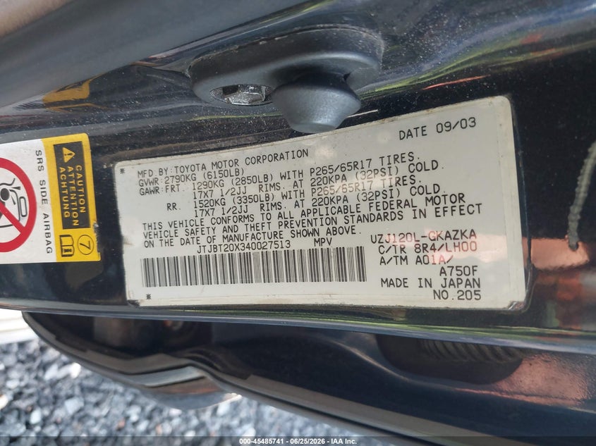 2004 Lexus Gx VIN JTJBT20X340027513 IAAI salvage auction — NORMAL WEAR, Clear (New York), sold $2,750 on 2026-07-21 (photo 9)