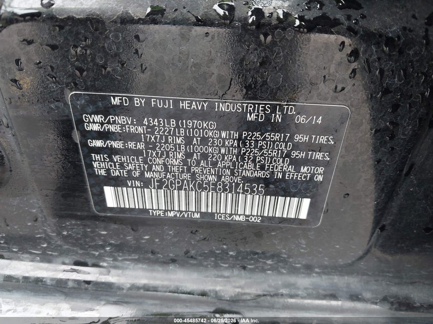 2014 Subaru Xv VIN JF2GPAKC5E8314535 IAAI salvage auction — LEFT FRONT, Certificate Of Title (Nebraska), sold $1,800 on 2026-07-29 (photo 9)