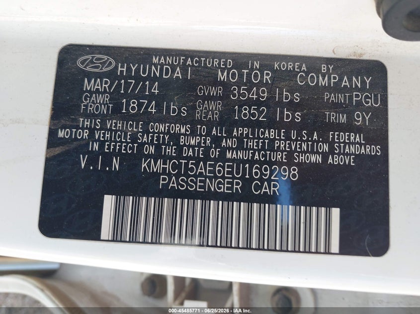 2014 Hyundai Accent VIN KMHCT5AE6EU169298 IAAI salvage auction — NORMAL WEAR, Clear-Dealer Only (Arizona), sold $75 on 2026-07-09 (photo 9)