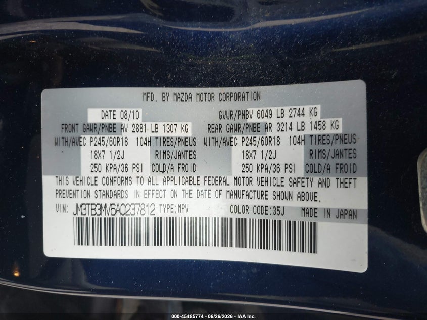 2010 Mazda Cx-9 VIN JM3TB3MV6A0237812 IAAI salvage auction — NORMAL WEAR, Original (Ohio), sold $550 on 2026-07-07 (photo 9)