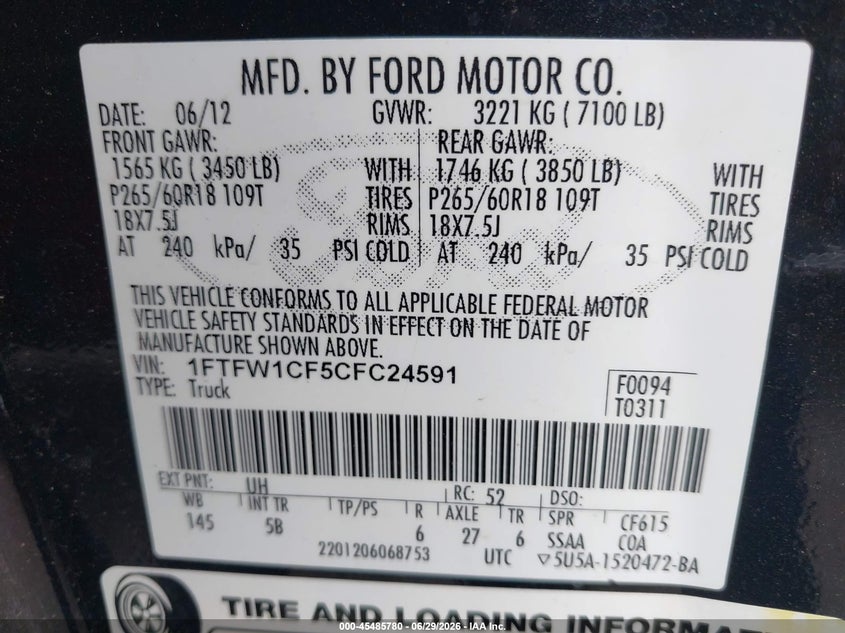 2012 Ford F-150 VIN 1FTFW1CF5CFC24591 IAAI salvage auction — RIGHT REAR, Salvage (Texas), sold $5,375 on 2026-08-03 (photo 9)
