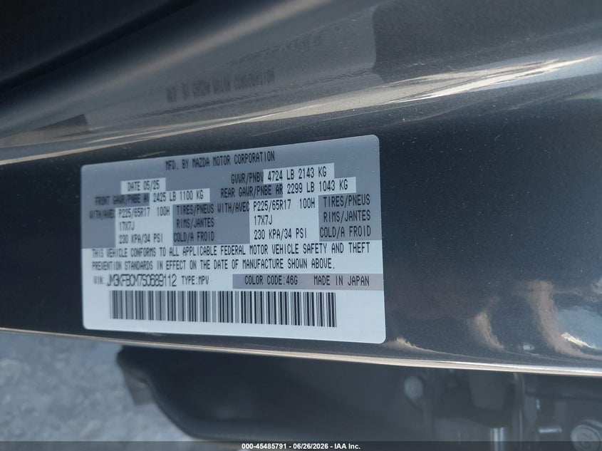 2025 Mazda Cx-5 VIN JM3KFBCM7S0689112 IAAI salvage auction — REAR END, Salvage (California), sold $5,100 on 2026-07-29 (photo 9)