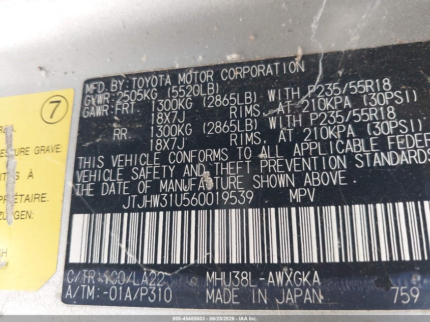 2006 Lexus Rx 400h VIN JTJHW31U560019539 IAAI salvage auction — NORMAL WEAR, Clear (New York), sold $925 on 2026-07-29 (photo 9)