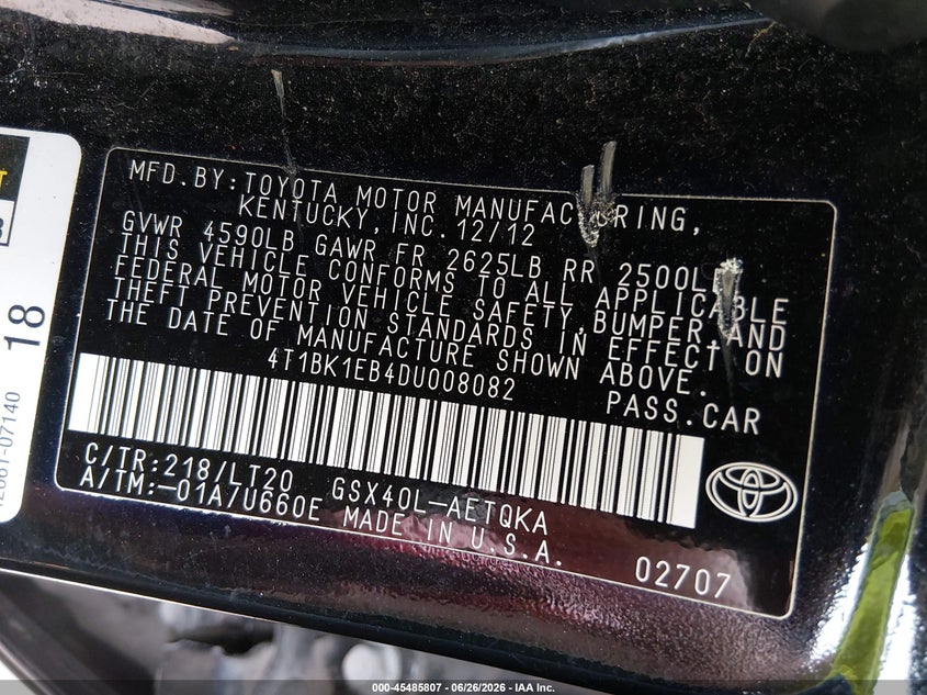 2013 Toyota Avalon VIN 4T1BK1EB4DU008082 IAAI salvage auction — HAIL, Salvage (Ohio), sold $3,050 on 2026-07-09 (photo 9)